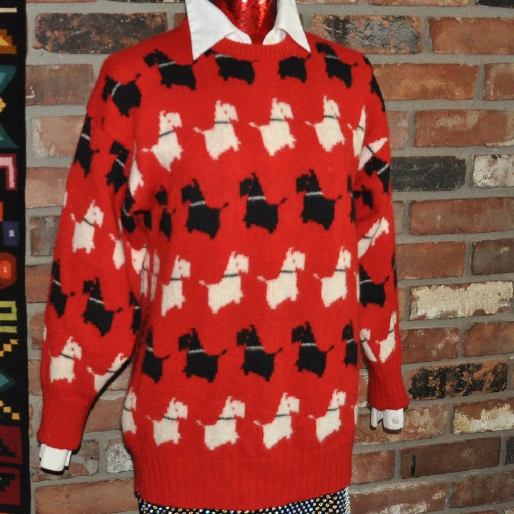 VTG KNIT PICS Scotland 100% WOOL Red Black White Scottie TERRIER DOG Sweater 38